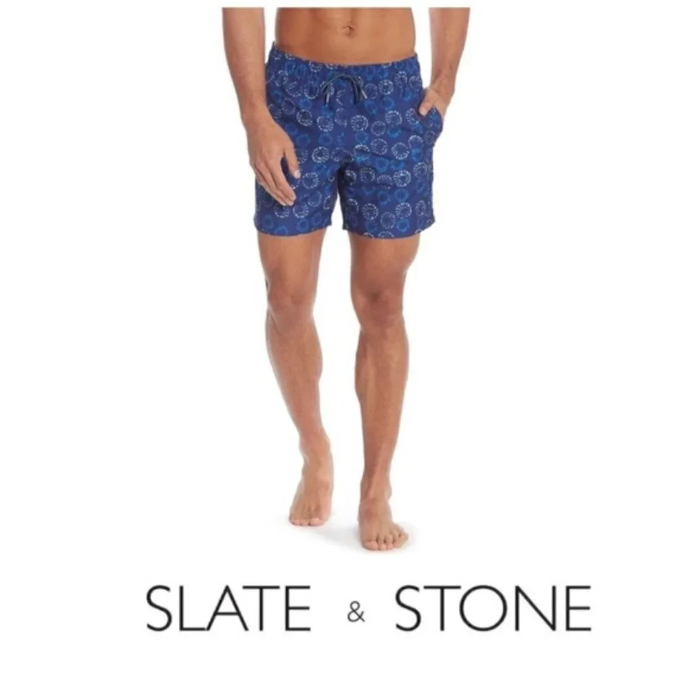 Slate & Stone Mens Blue Geo Print Pockets Swim Trunks Swimwear Sz L New